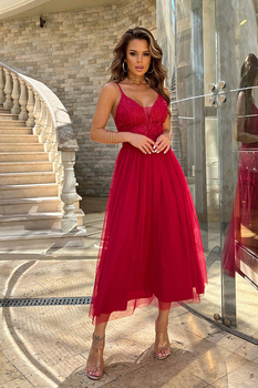 TIULOWA SUKIENKA NA RAMIĄCZKACH 7/8 MALINOWA