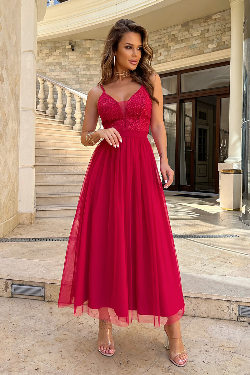 TIULOWA SUKIENKA NA RAMIĄCZKACH 7/8 MALINOWA