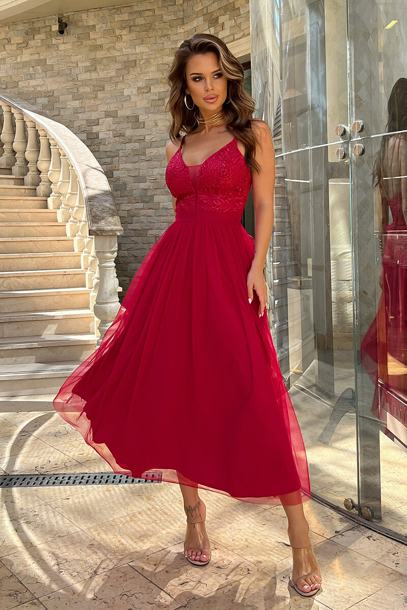 TIULOWA SUKIENKA NA RAMIĄCZKACH 7/8 MALINOWA